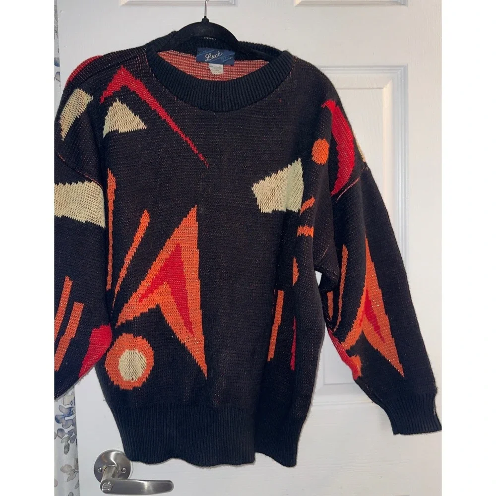 Vintage Luce Italy Abstract Geometric Lurex Knit Sweater Black Red Medium 290 - Picture 4 of 9